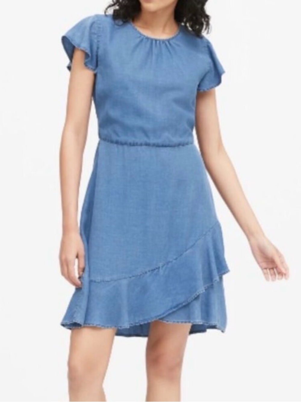Banana Republic Flutter-Sleeve Chambray Mini Dress in 6 Tall